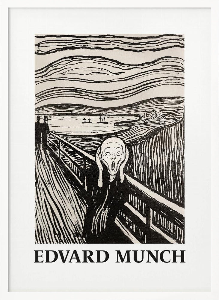 A black and white print of Edvard Munch's 'The Scream' in a black frame. The iconic artwork features a tormented figure on a bridge, screaming with hands to its head, under a swirling sky. The artist's name, 'EDVARD MUNCH', is printed below the image. Artwork