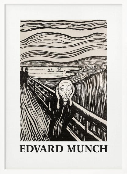A black and white print of Edvard Munch's 'The Scream' in a black frame. The iconic artwork features a tormented figure on a bridge, screaming with hands to its head, under a swirling sky. The artist's name, 'EDVARD MUNCH', is printed below the image. Artwork
