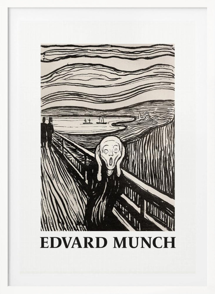 A black and white print of Edvard Munch's 'The Scream' in a black frame. The iconic artwork features a tormented figure on a bridge, screaming with hands to its head, under a swirling sky. The artist's name, 'EDVARD MUNCH', is printed below the image. Artwork