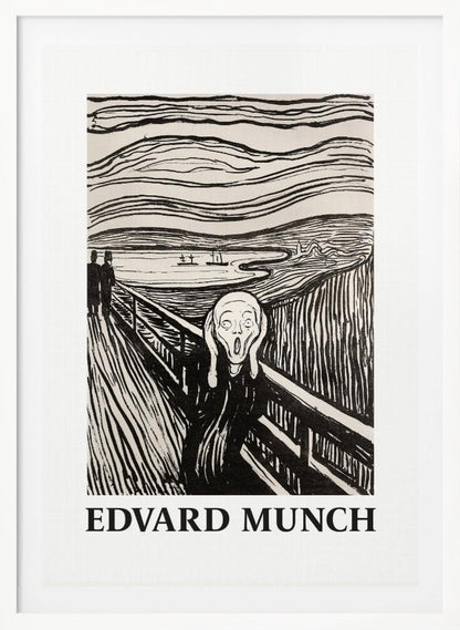 A black and white print of Edvard Munch's 'The Scream' in a black frame. The iconic artwork features a tormented figure on a bridge, screaming with hands to its head, under a swirling sky. The artist's name, 'EDVARD MUNCH', is printed below the image. Artwork