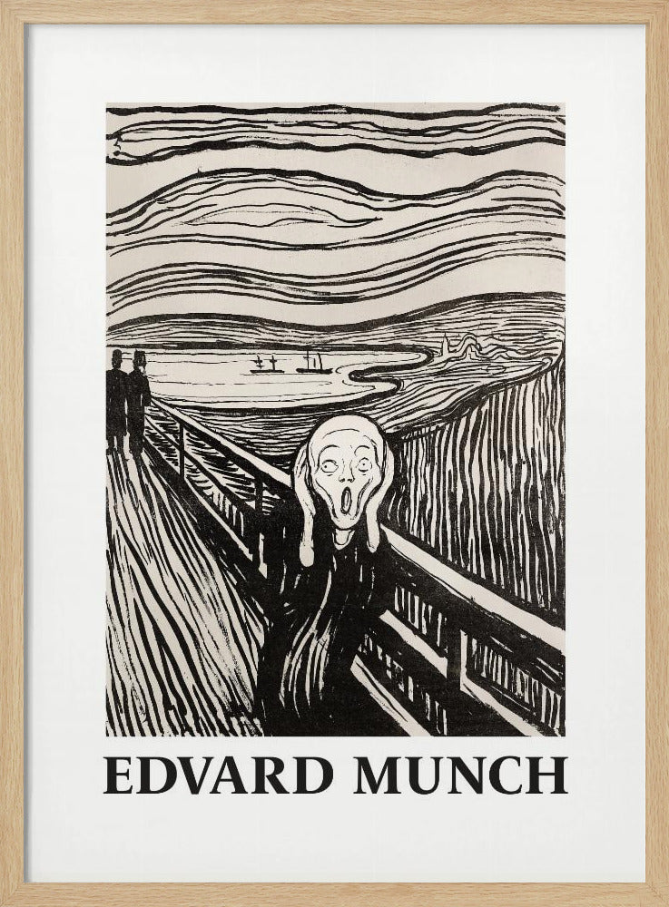 A black and white print of Edvard Munch's 'The Scream' in a black frame. The iconic artwork features a tormented figure on a bridge, screaming with hands to its head, under a swirling sky. The artist's name, 'EDVARD MUNCH', is printed below the image. Artwork