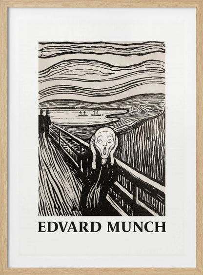 A black and white print of Edvard Munch's 'The Scream' in a black frame. The iconic artwork features a tormented figure on a bridge, screaming with hands to its head, under a swirling sky. The artist's name, 'EDVARD MUNCH', is printed below the image. Artwork