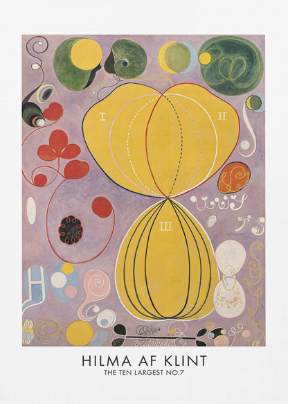 A framed art print of Hilma af Klint's abstract painting, 'The Ten Largest, No. 7.' The artwork features two large central yellow organic shapes on a lavender background, surrounded by smaller colorful forms including red clovers, green circles, and delicate spirals. Print