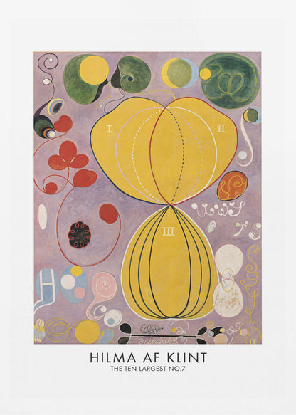 A framed art print of Hilma af Klint's abstract painting, 'The Ten Largest, No. 7.' The artwork features two large central yellow organic shapes on a lavender background, surrounded by smaller colorful forms including red clovers, green circles, and delicate spirals. Print
