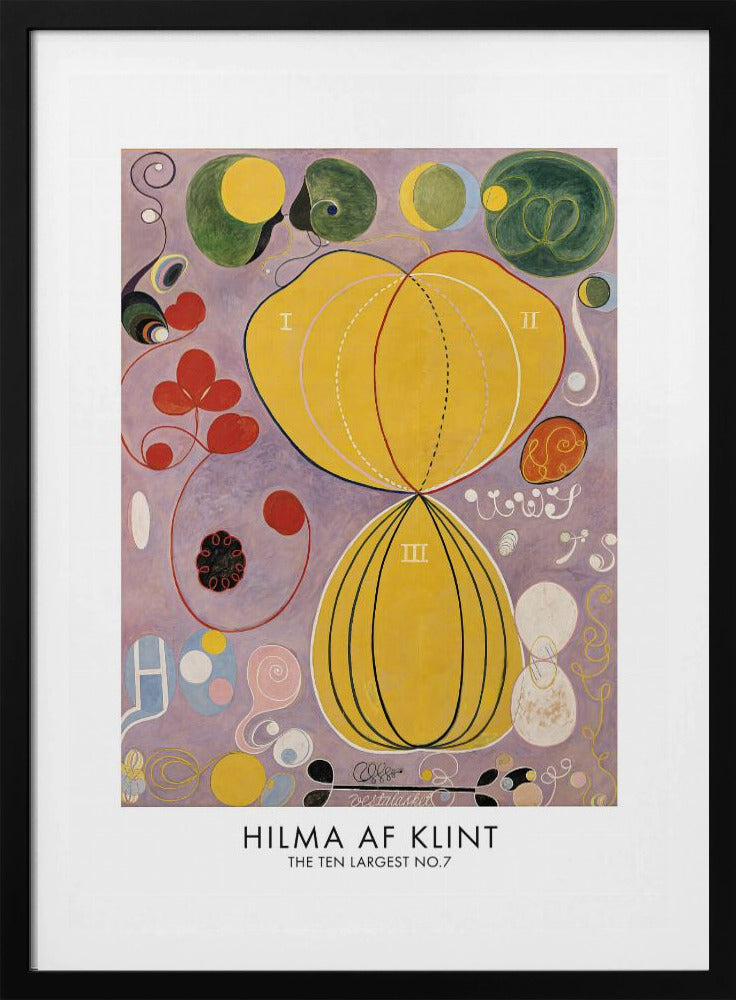 A framed art print of Hilma af Klint's abstract painting, 'The Ten Largest, No. 7.' The artwork features two large central yellow organic shapes on a lavender background, surrounded by smaller colorful forms including red clovers, green circles, and delicate spirals. Print