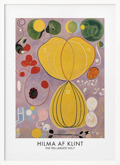 A framed art print of Hilma af Klint's abstract painting, 'The Ten Largest, No. 7.' The artwork features two large central yellow organic shapes on a lavender background, surrounded by smaller colorful forms including red clovers, green circles, and delicate spirals. Print