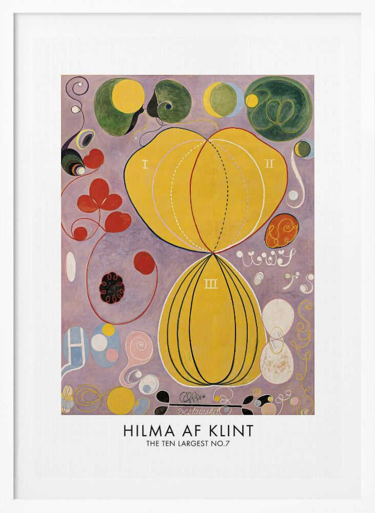 A framed art print of Hilma af Klint's abstract painting, 'The Ten Largest, No. 7.' The artwork features two large central yellow organic shapes on a lavender background, surrounded by smaller colorful forms including red clovers, green circles, and delicate spirals. Print