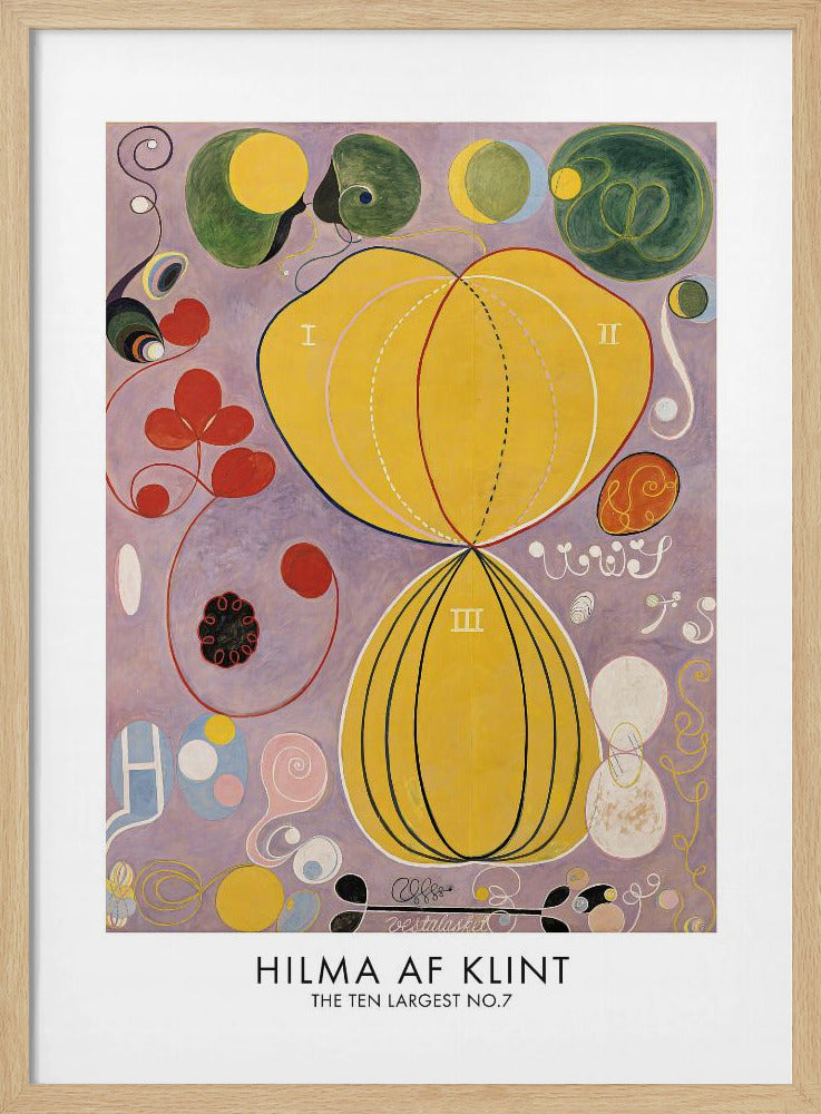 A framed art print of Hilma af Klint's abstract painting, 'The Ten Largest, No. 7.' The artwork features two large central yellow organic shapes on a lavender background, surrounded by smaller colorful forms including red clovers, green circles, and delicate spirals. Print
