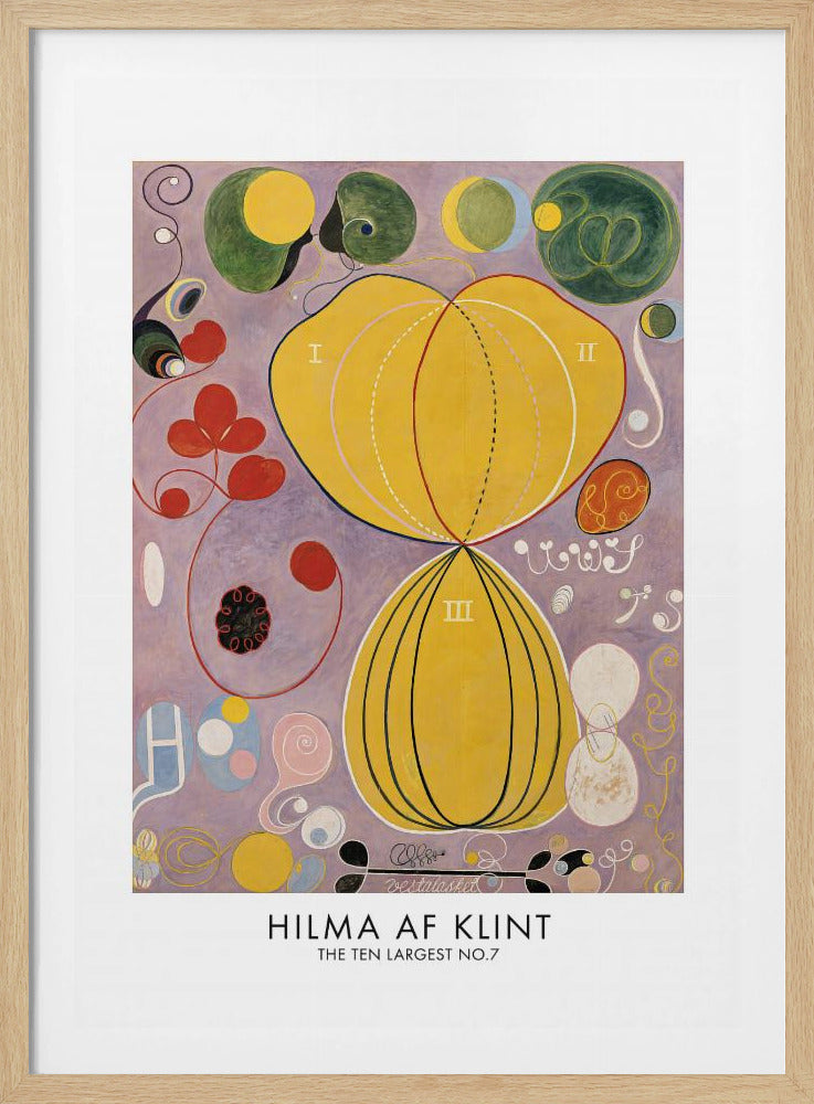 A framed art print of Hilma af Klint's abstract painting, 'The Ten Largest, No. 7.' The artwork features two large central yellow organic shapes on a lavender background, surrounded by smaller colorful forms including red clovers, green circles, and delicate spirals. Print