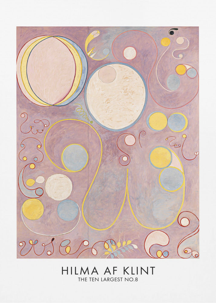 A framed art print of Hilma af Klint's abstract painting 'The Ten Largest, No. 8'. It features a collection of circles, ovals, and swirling biomorphic shapes in pastel colors like pink, yellow, and light blue set against a lavender background. Poster
