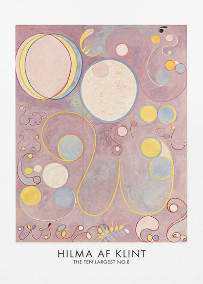 A framed art print of Hilma af Klint's abstract painting 'The Ten Largest, No. 8'. It features a collection of circles, ovals, and swirling biomorphic shapes in pastel colors like pink, yellow, and light blue set against a lavender background. Poster