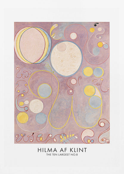 A framed art print of Hilma af Klint's abstract painting 'The Ten Largest, No. 8'. It features a collection of circles, ovals, and swirling biomorphic shapes in pastel colors like pink, yellow, and light blue set against a lavender background. Poster