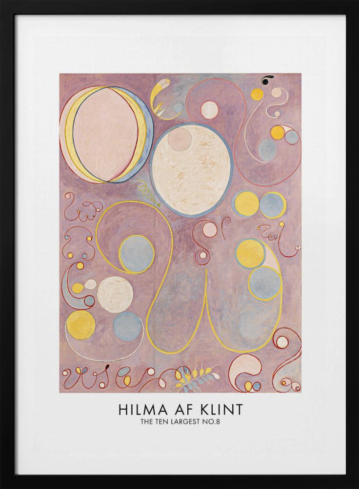 A framed art print of Hilma af Klint's abstract painting 'The Ten Largest, No. 8'. It features a collection of circles, ovals, and swirling biomorphic shapes in pastel colors like pink, yellow, and light blue set against a lavender background. Poster