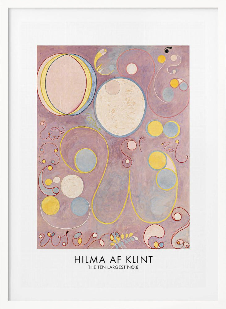 A framed art print of Hilma af Klint's abstract painting 'The Ten Largest, No. 8'. It features a collection of circles, ovals, and swirling biomorphic shapes in pastel colors like pink, yellow, and light blue set against a lavender background. Poster