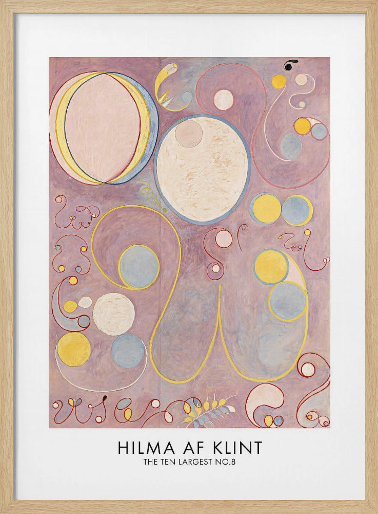 A framed art print of Hilma af Klint's abstract painting 'The Ten Largest, No. 8'. It features a collection of circles, ovals, and swirling biomorphic shapes in pastel colors like pink, yellow, and light blue set against a lavender background. Poster