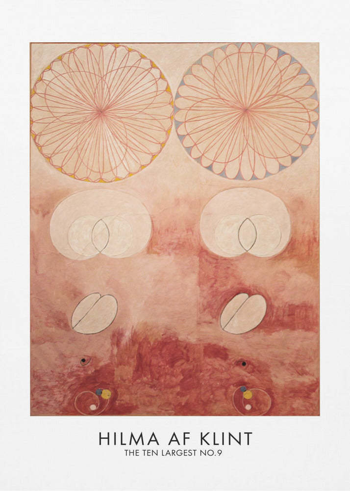 A framed art poster of Hilma af Klint's painting 'The Ten Largest No. 9'. The abstract artwork features geometric and biomorphic shapes on a textured pink and deep red background. Two large, complex circular patterns dominate the top half, while intersecting ovals and other symbolic forms are arranged below. The artist's name is printed at the bottom. Wall Art