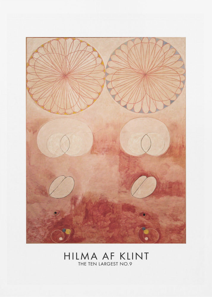 A framed art poster of Hilma af Klint's painting 'The Ten Largest No. 9'. The abstract artwork features geometric and biomorphic shapes on a textured pink and deep red background. Two large, complex circular patterns dominate the top half, while intersecting ovals and other symbolic forms are arranged below. The artist's name is printed at the bottom. Wall Art