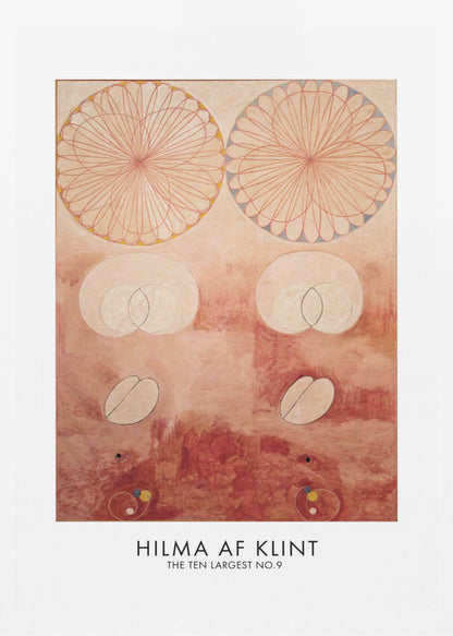 A framed art poster of Hilma af Klint's painting 'The Ten Largest No. 9'. The abstract artwork features geometric and biomorphic shapes on a textured pink and deep red background. Two large, complex circular patterns dominate the top half, while intersecting ovals and other symbolic forms are arranged below. The artist's name is printed at the bottom. Wall Art