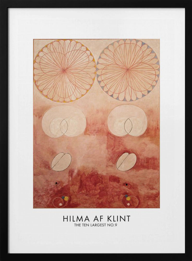 A framed art poster of Hilma af Klint's painting 'The Ten Largest No. 9'. The abstract artwork features geometric and biomorphic shapes on a textured pink and deep red background. Two large, complex circular patterns dominate the top half, while intersecting ovals and other symbolic forms are arranged below. The artist's name is printed at the bottom. Wall Art