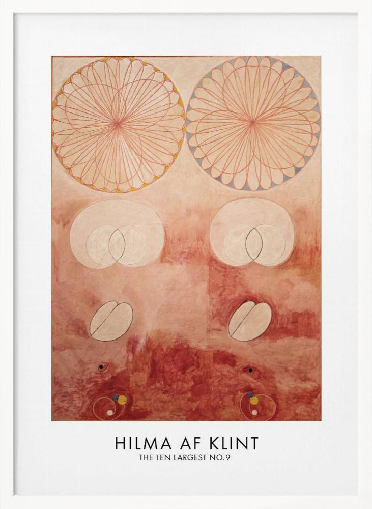 A framed art poster of Hilma af Klint's painting 'The Ten Largest No. 9'. The abstract artwork features geometric and biomorphic shapes on a textured pink and deep red background. Two large, complex circular patterns dominate the top half, while intersecting ovals and other symbolic forms are arranged below. The artist's name is printed at the bottom. Wall Art
