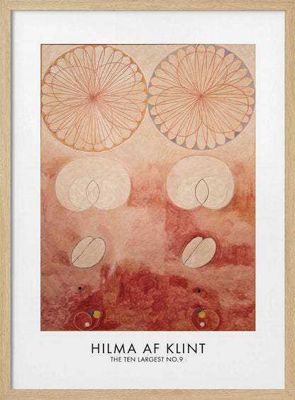 A framed art poster of Hilma af Klint's painting 'The Ten Largest No. 9'. The abstract artwork features geometric and biomorphic shapes on a textured pink and deep red background. Two large, complex circular patterns dominate the top half, while intersecting ovals and other symbolic forms are arranged below. The artist's name is printed at the bottom. Wall Art