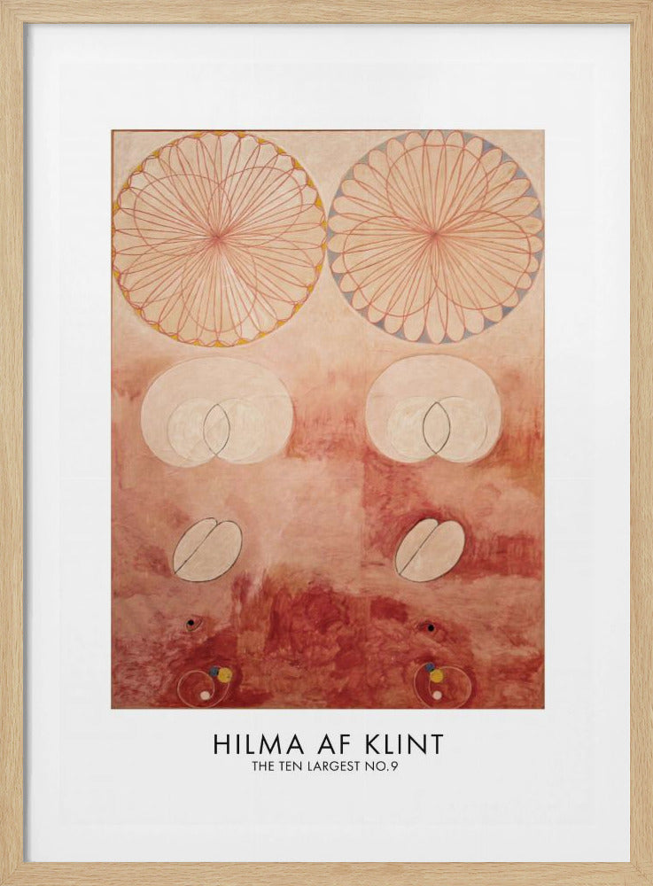 A framed art poster of Hilma af Klint's painting 'The Ten Largest No. 9'. The abstract artwork features geometric and biomorphic shapes on a textured pink and deep red background. Two large, complex circular patterns dominate the top half, while intersecting ovals and other symbolic forms are arranged below. The artist's name is printed at the bottom. Wall Art