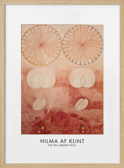 A framed art poster of Hilma af Klint's painting 'The Ten Largest No. 9'. The abstract artwork features geometric and biomorphic shapes on a textured pink and deep red background. Two large, complex circular patterns dominate the top half, while intersecting ovals and other symbolic forms are arranged below. The artist's name is printed at the bottom. Wall Art