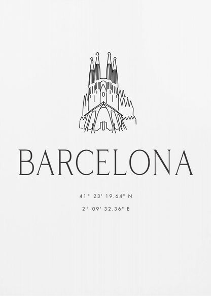 A minimalist black and white framed poster featuring a line art drawing of the Sagrada Familia. Below the drawing, the word 'BARCELONA' is printed in a large, thin sans-serif font, followed by the city's geographical coordinates. Artwork