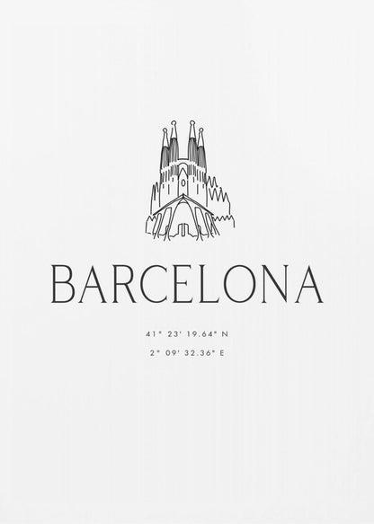 A minimalist black and white framed poster featuring a line art drawing of the Sagrada Familia. Below the drawing, the word 'BARCELONA' is printed in a large, thin sans-serif font, followed by the city's geographical coordinates. Artwork