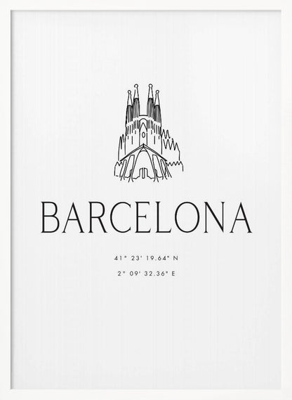 A minimalist black and white framed poster featuring a line art drawing of the Sagrada Familia. Below the drawing, the word 'BARCELONA' is printed in a large, thin sans-serif font, followed by the city's geographical coordinates. Artwork