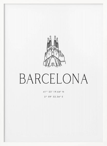 A minimalist black and white framed poster featuring a line art drawing of the Sagrada Familia. Below the drawing, the word 'BARCELONA' is printed in a large, thin sans-serif font, followed by the city's geographical coordinates. Artwork