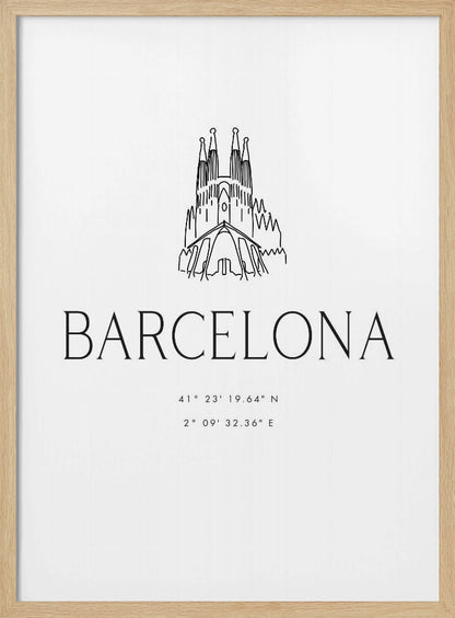 A minimalist black and white framed poster featuring a line art drawing of the Sagrada Familia. Below the drawing, the word 'BARCELONA' is printed in a large, thin sans-serif font, followed by the city's geographical coordinates. Artwork