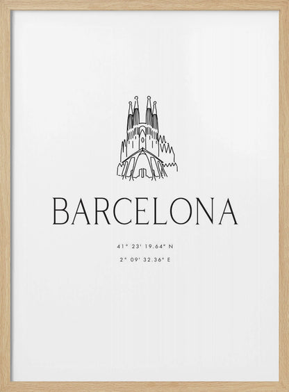 A minimalist black and white framed poster featuring a line art drawing of the Sagrada Familia. Below the drawing, the word 'BARCELONA' is printed in a large, thin sans-serif font, followed by the city's geographical coordinates. Artwork