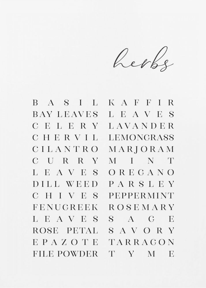 List of herbs - Poster / Art Print