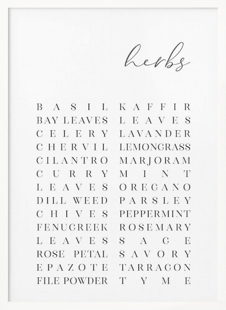 List of herbs - Poster / Art Print