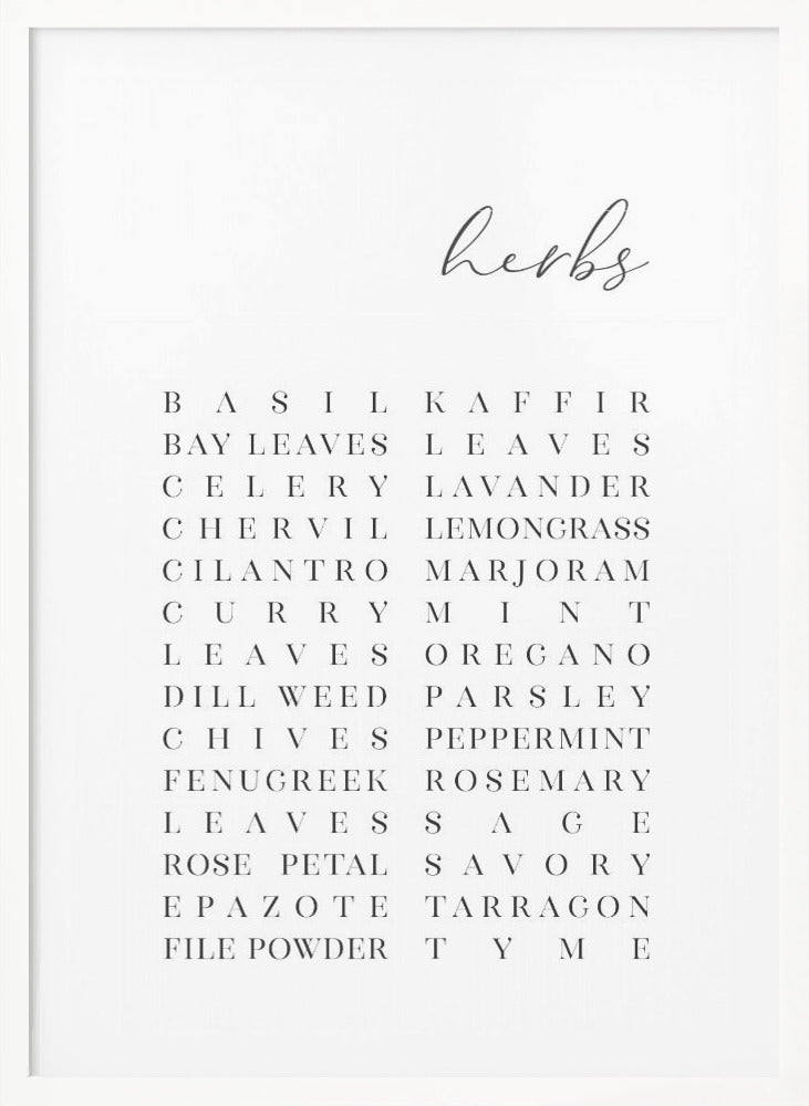 List of herbs - Poster / Art Print