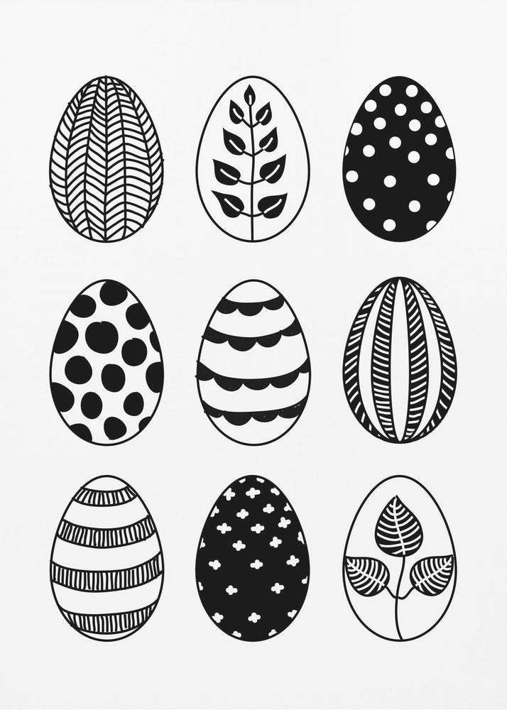 A black and white art print featuring a 3x3 grid of nine illustrated Easter eggs. Each egg has a unique, hand-drawn pattern, including polka dots, stripes, chevrons, florals, and leafy branches, all within a thin black frame. Poster