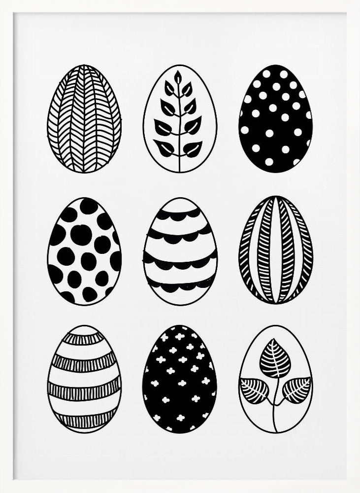 A black and white art print featuring a 3x3 grid of nine illustrated Easter eggs. Each egg has a unique, hand-drawn pattern, including polka dots, stripes, chevrons, florals, and leafy branches, all within a thin black frame. Poster