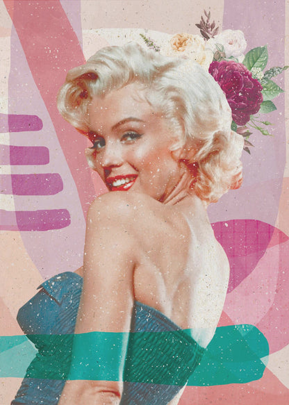 A framed, collage-style portrait of Marilyn Monroe smiling over her shoulder. Her classic blonde hair is adorned with pink, white, and burgundy flowers. She wears bright red lipstick and a blue strapless dress. The background is a textured composition of abstract shapes in shades of pink, purple, and beige, with modern teal and purple brushstrokes layered across the image. Decor