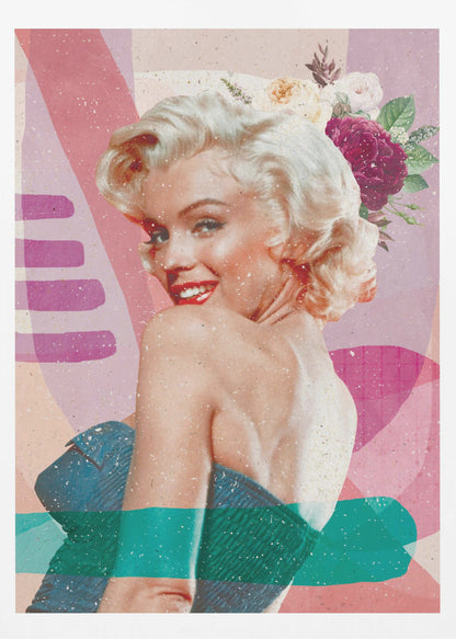 A framed, collage-style portrait of Marilyn Monroe smiling over her shoulder. Her classic blonde hair is adorned with pink, white, and burgundy flowers. She wears bright red lipstick and a blue strapless dress. The background is a textured composition of abstract shapes in shades of pink, purple, and beige, with modern teal and purple brushstrokes layered across the image. Decor