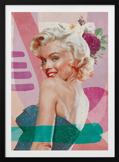 A framed, collage-style portrait of Marilyn Monroe smiling over her shoulder. Her classic blonde hair is adorned with pink, white, and burgundy flowers. She wears bright red lipstick and a blue strapless dress. The background is a textured composition of abstract shapes in shades of pink, purple, and beige, with modern teal and purple brushstrokes layered across the image. Decor