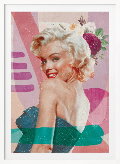 A framed, collage-style portrait of Marilyn Monroe smiling over her shoulder. Her classic blonde hair is adorned with pink, white, and burgundy flowers. She wears bright red lipstick and a blue strapless dress. The background is a textured composition of abstract shapes in shades of pink, purple, and beige, with modern teal and purple brushstrokes layered across the image. Decor
