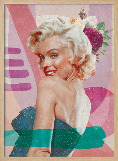A framed, collage-style portrait of Marilyn Monroe smiling over her shoulder. Her classic blonde hair is adorned with pink, white, and burgundy flowers. She wears bright red lipstick and a blue strapless dress. The background is a textured composition of abstract shapes in shades of pink, purple, and beige, with modern teal and purple brushstrokes layered across the image. Decor