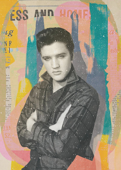 A pop art style collage of a young Elvis Presley. The portrait is in black and white, showing him with his arms crossed and a serious expression. The background is an abstract mix of colorful shapes in yellow, teal, orange, and pink, with fragments of newspaper text visible. The entire piece is covered in a light white speckle effect and is shown in a black frame. Print