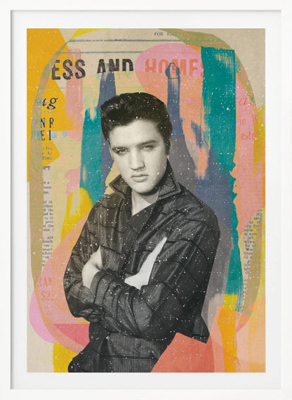 A pop art style collage of a young Elvis Presley. The portrait is in black and white, showing him with his arms crossed and a serious expression. The background is an abstract mix of colorful shapes in yellow, teal, orange, and pink, with fragments of newspaper text visible. The entire piece is covered in a light white speckle effect and is shown in a black frame. Print
