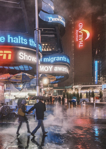 A couple walks hand-in-hand under an umbrella on a rainy night in a bustling city square. Steam rises from the wet pavement, which reflects the vibrant blue, red, and white lights from massive digital billboards on the surrounding buildings. Wall Art
