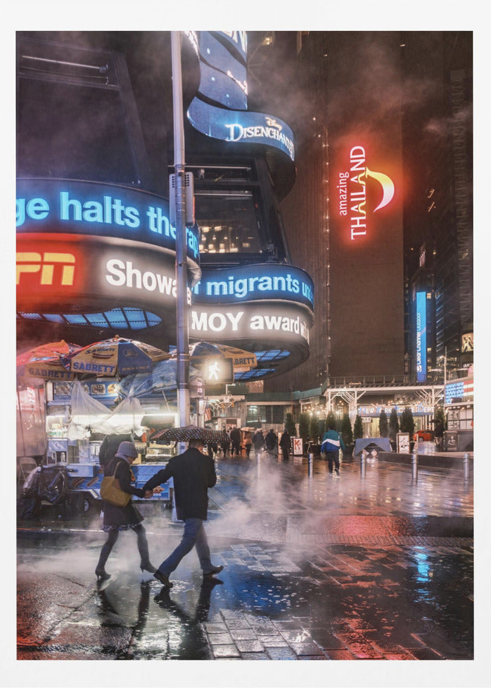 A couple walks hand-in-hand under an umbrella on a rainy night in a bustling city square. Steam rises from the wet pavement, which reflects the vibrant blue, red, and white lights from massive digital billboards on the surrounding buildings. Wall Art