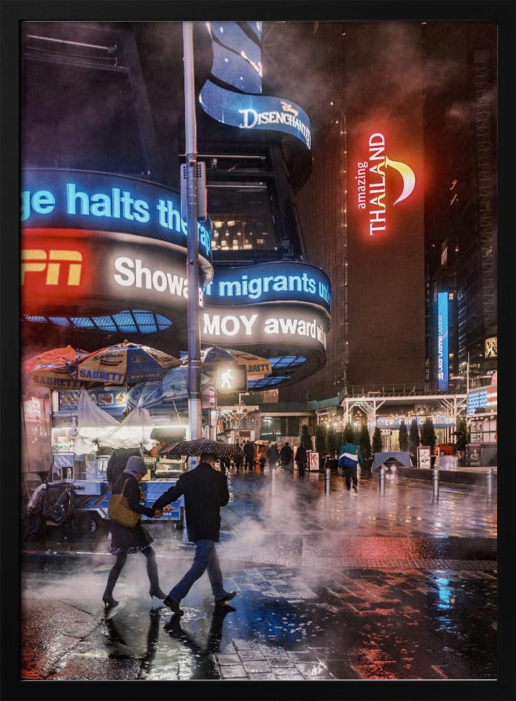 A couple walks hand-in-hand under an umbrella on a rainy night in a bustling city square. Steam rises from the wet pavement, which reflects the vibrant blue, red, and white lights from massive digital billboards on the surrounding buildings. Wall Art
