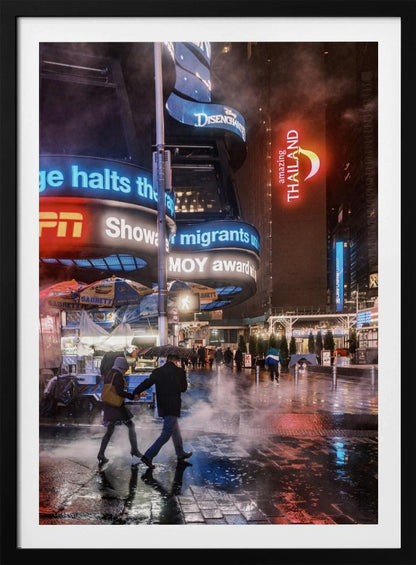 A couple walks hand-in-hand under an umbrella on a rainy night in a bustling city square. Steam rises from the wet pavement, which reflects the vibrant blue, red, and white lights from massive digital billboards on the surrounding buildings. Wall Art