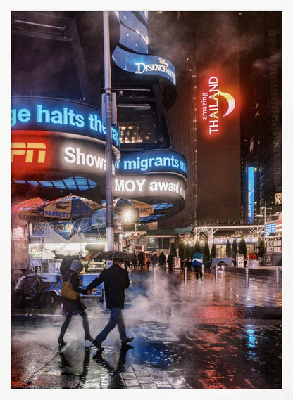 A couple walks hand-in-hand under an umbrella on a rainy night in a bustling city square. Steam rises from the wet pavement, which reflects the vibrant blue, red, and white lights from massive digital billboards on the surrounding buildings. Wall Art